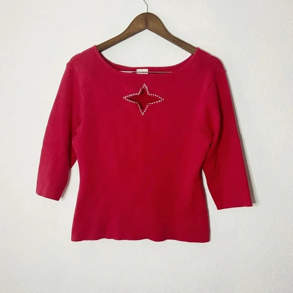 Retro Cut Out Rhinestone Star Embellished Ribbed Top Cotton 3/4 Sleeve Large - Picture 9 of 9